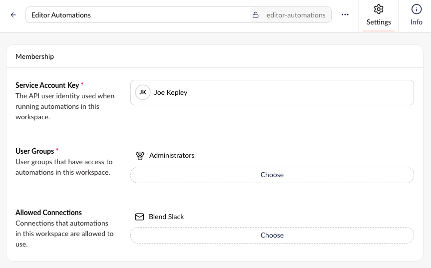 Screenshot of Umbraco Automate showing Joe Kepley's name as the Service Account Key.