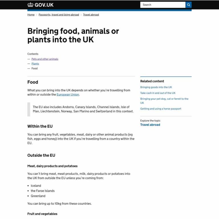 Representation of a webpage for bringing food and animals from gov dot uk.
