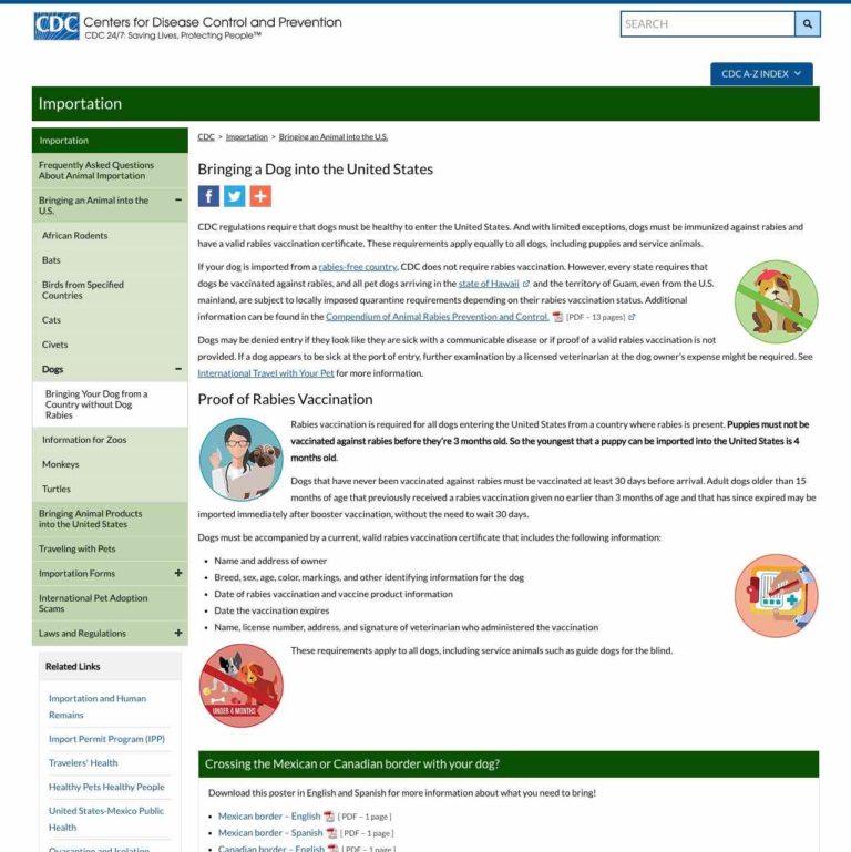 Representation of a webpage for bringing food and animals from CDC dot gov.