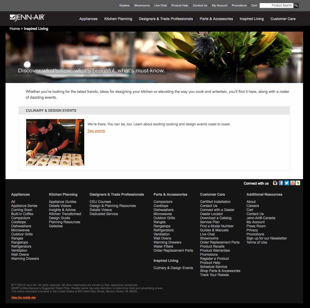 "Inspired Living" page on Jenn Air's website.