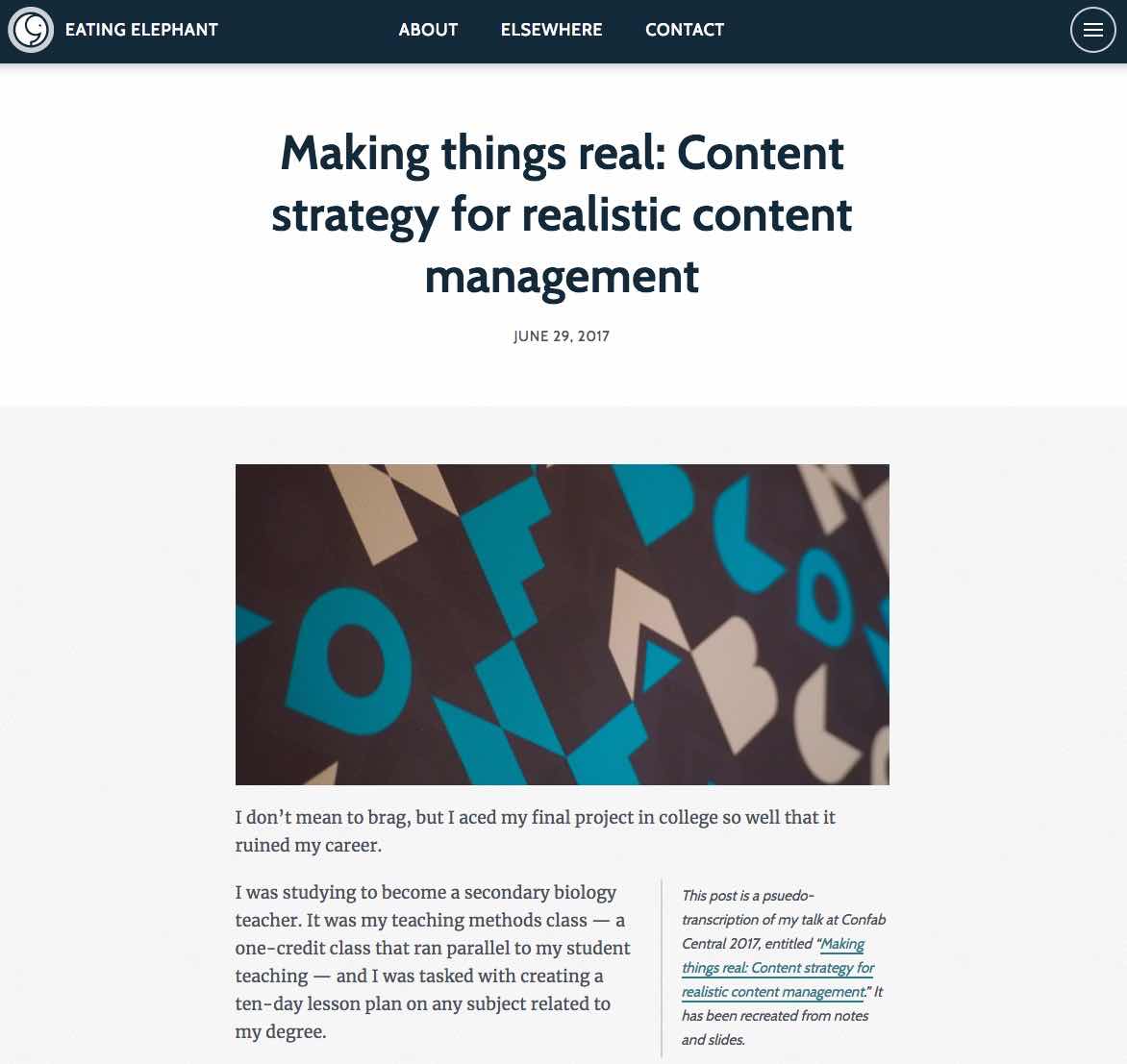 Screenshot of a post on eating elephant, making things real.