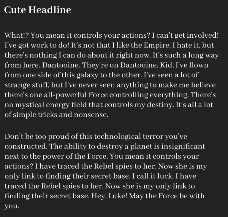 An example of a wall of generic text with a cute headline.