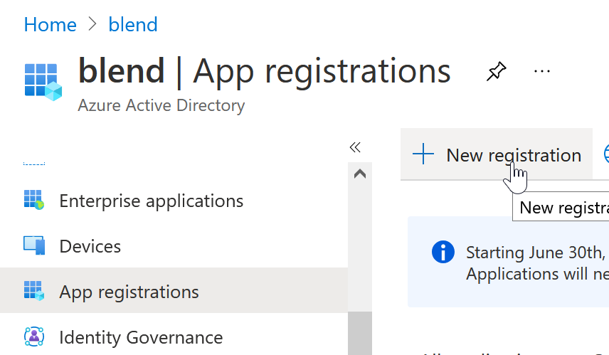 Screenshot of Azure with the App Registrations tab selected.