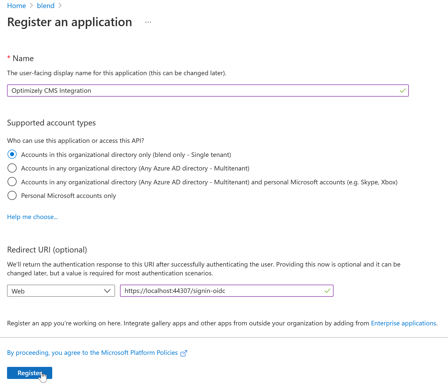 Screenshot of the registration form within Azure.