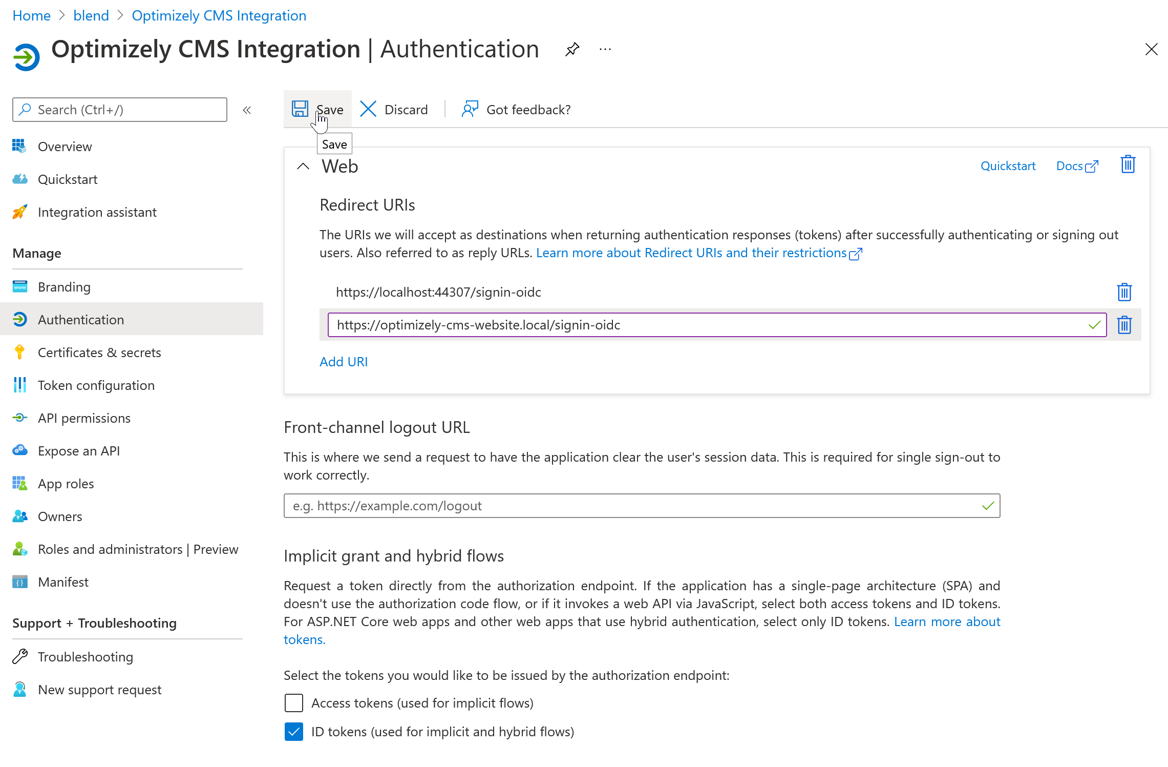 Screenshot of the Authentication tab in Azure, showing someone saving a redirect URI.