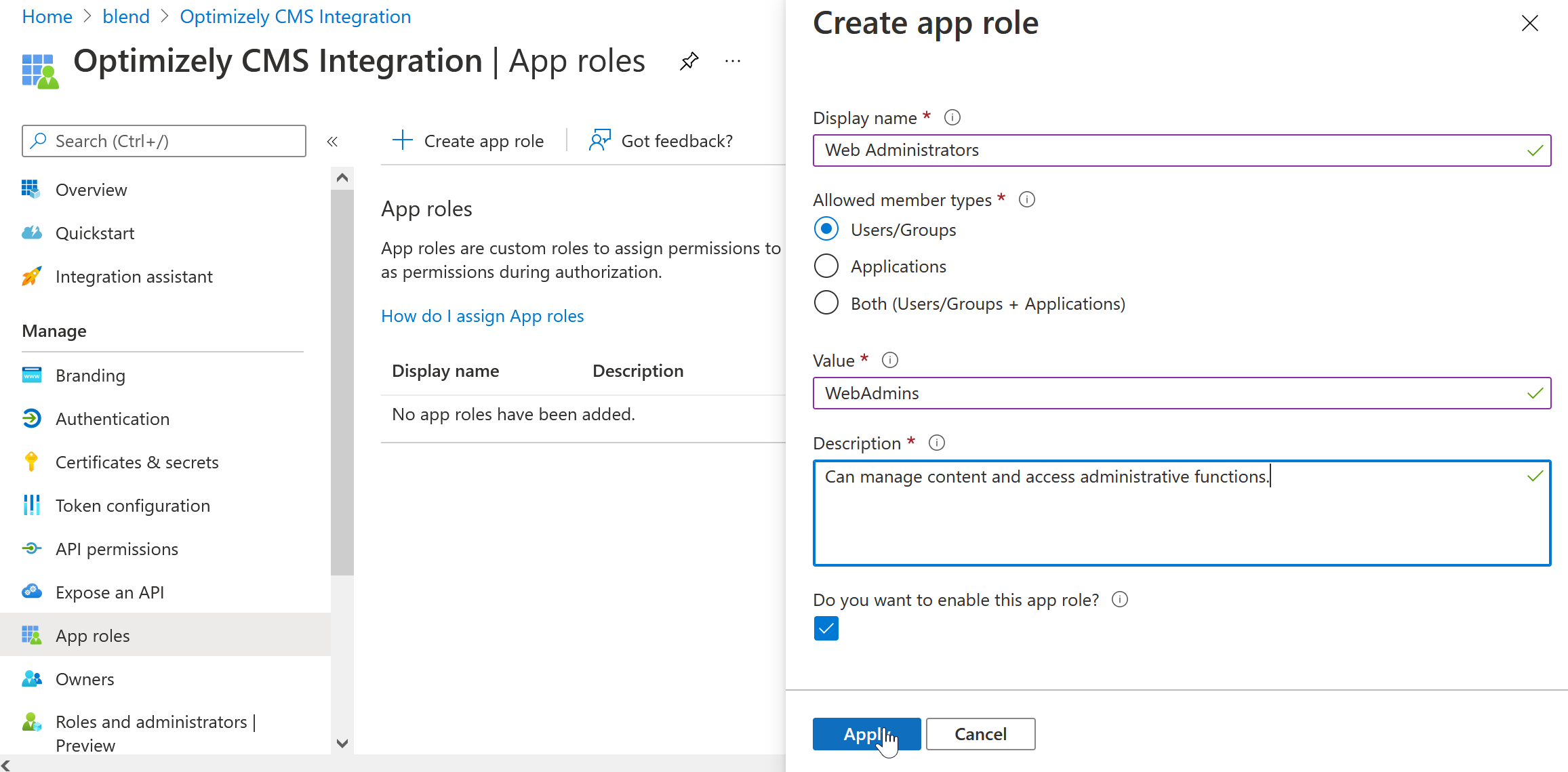 Screenshot of the App Roles tab in Azure, showing someone creating a role called Web Administrators.