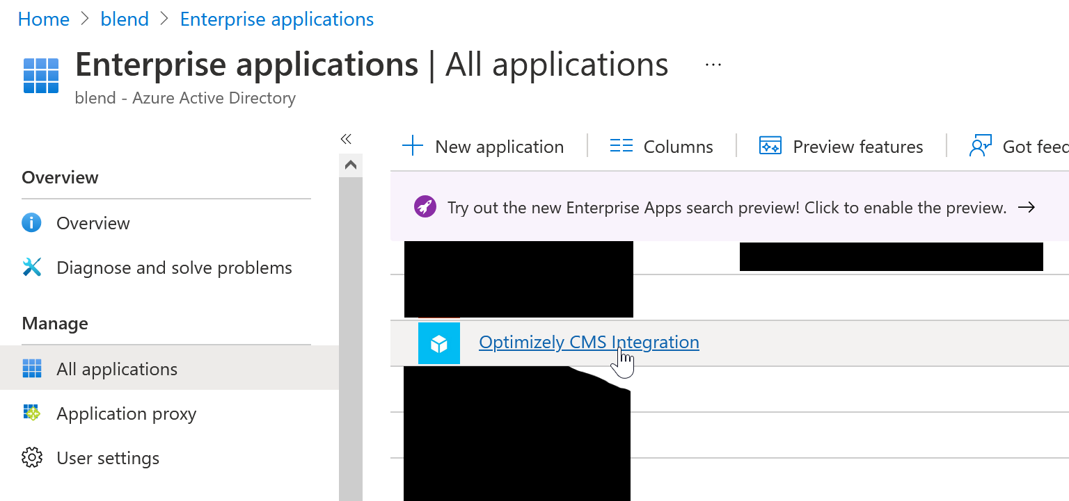 Screenshot of the All Applications tab in Azure, with someone selecting the Optimizely CMS Integration.