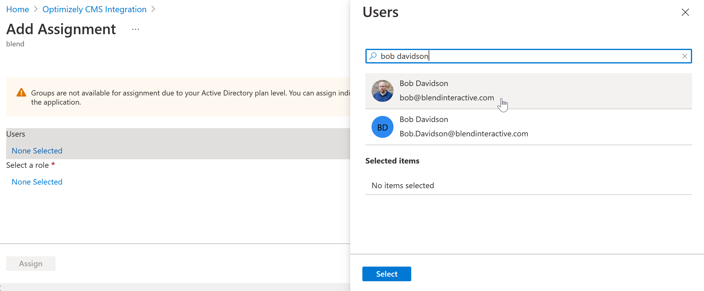 Screenshot of the Add Assignment screen with no users selected.