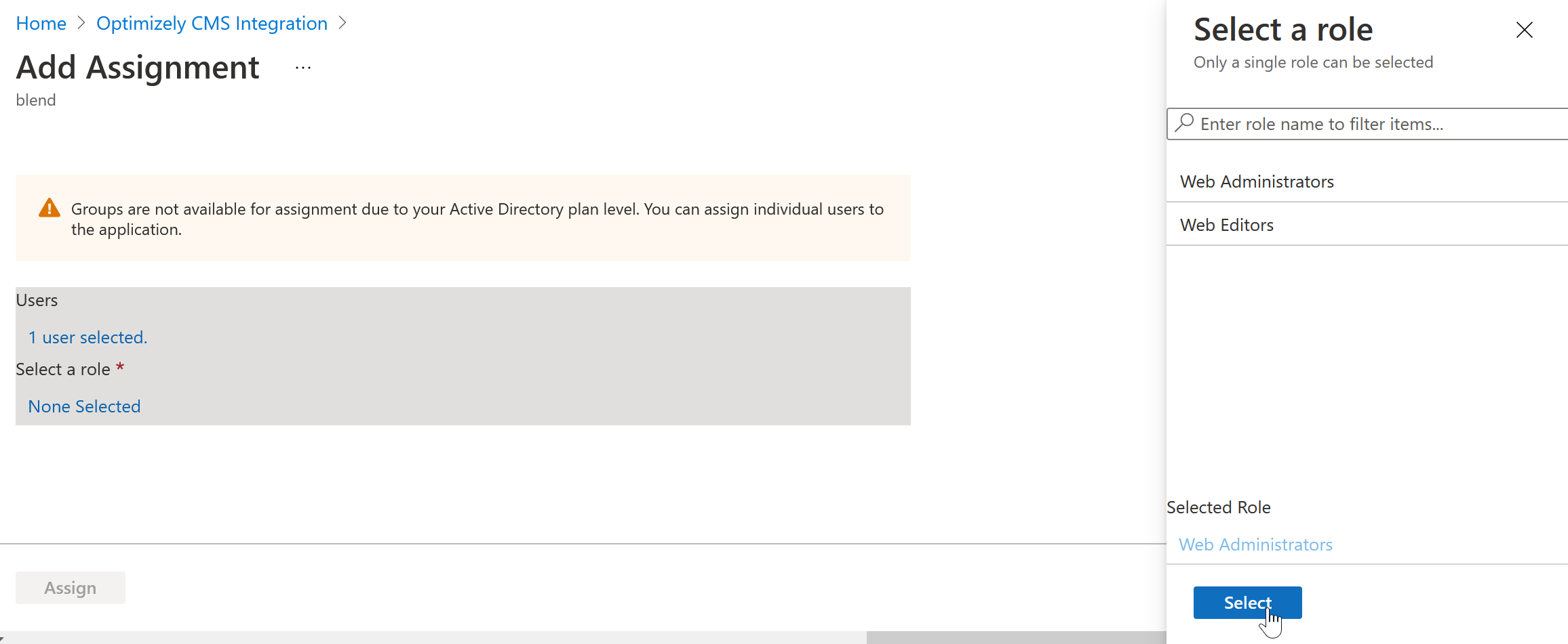 Screenshot of the Add Assignment screen with one user selected.