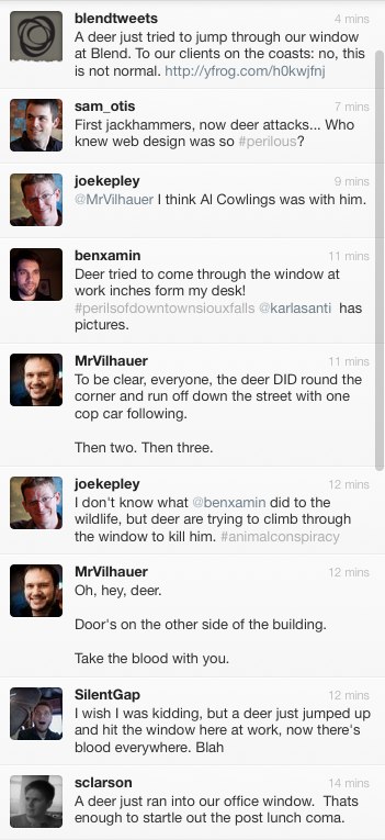 A screenshot of Twitter with various responses to a deer hitting the window at Blend.