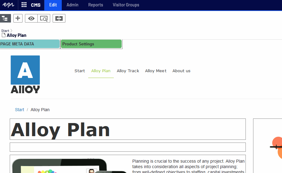 Animation of an editor setting keywords in Umbraco for a demo site.