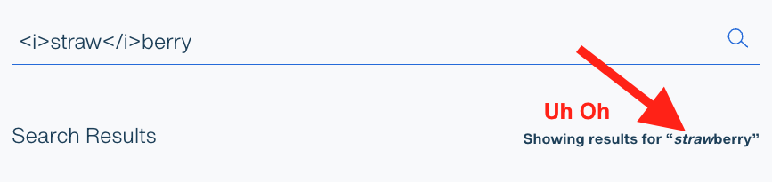 A screenshot of a search result that has converted the glyphs to code, reading "strawberry" but with "straw" in italics.