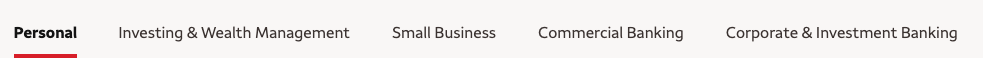 Screenshot of a menu with labels: Personal, Investing & Wealth Management, Small Business, Commercial Banking, Corporate & Investment Banking.