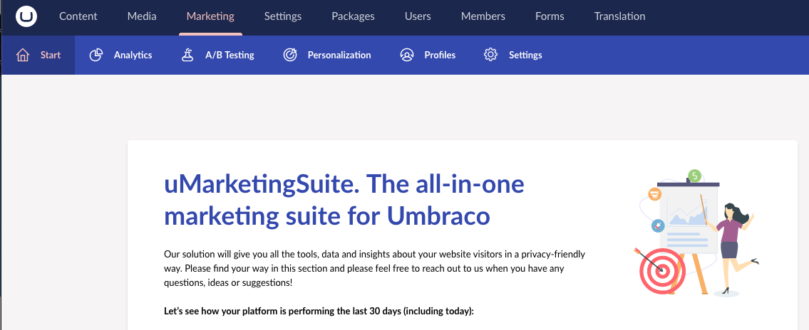 A screenshot of the main dashboard for uMarketingSuite.