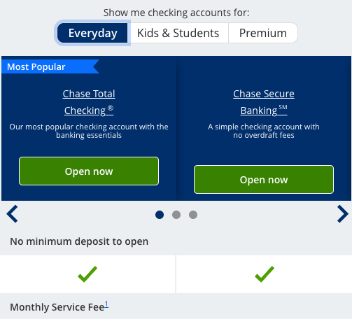 Screenshot of a checking account selector on the Chase bank site.