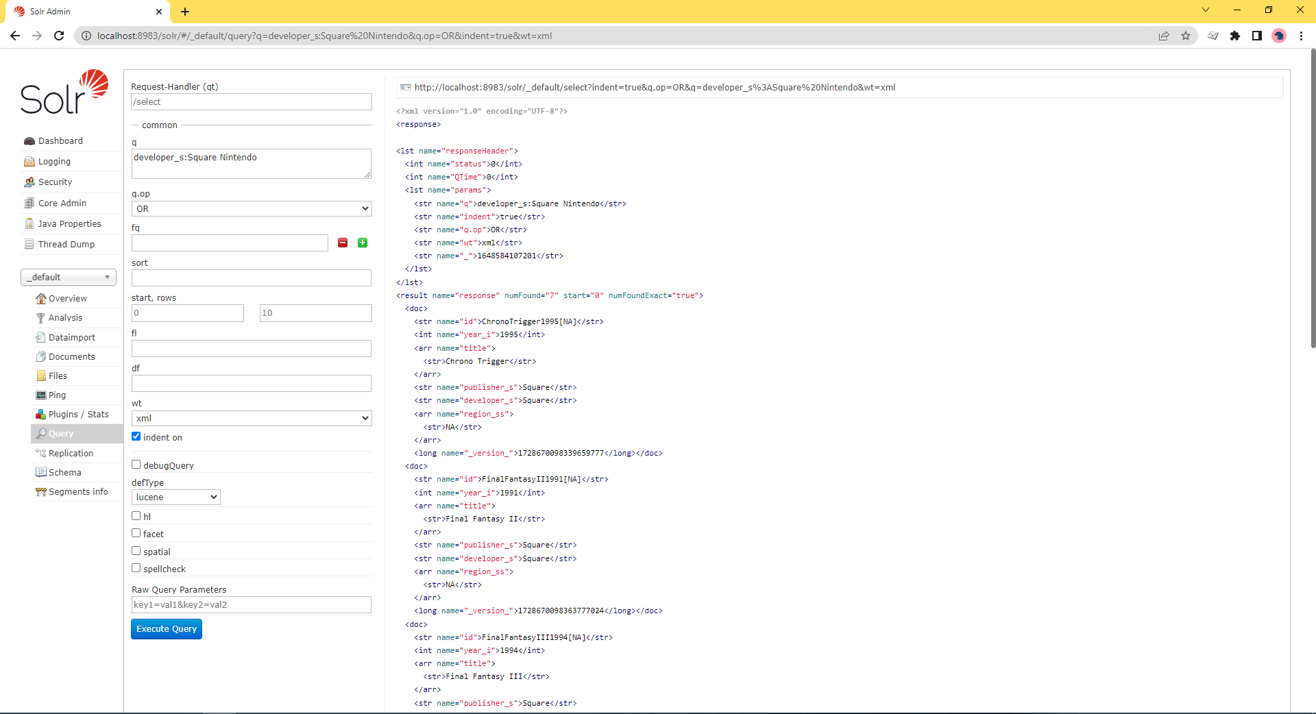 A screenshot showing an example of an "and" search in Solr.