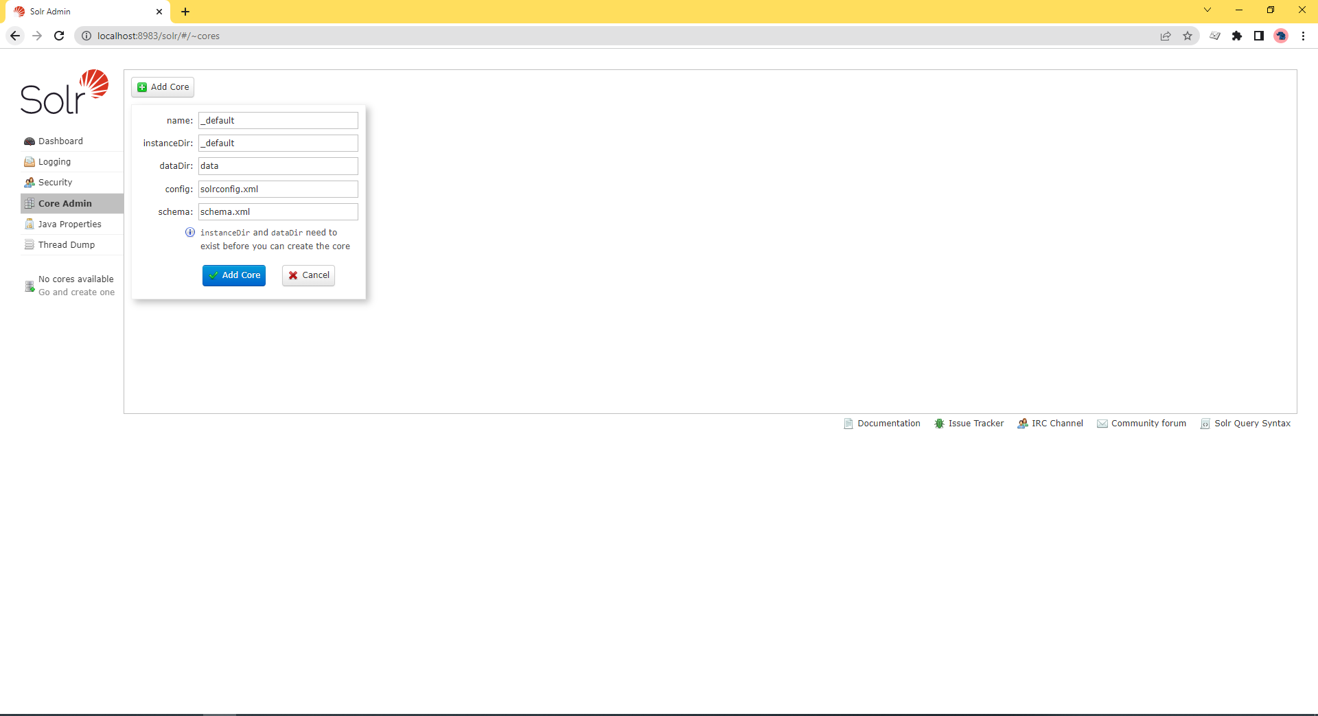 A screenshot showing the admin screen in Solr.