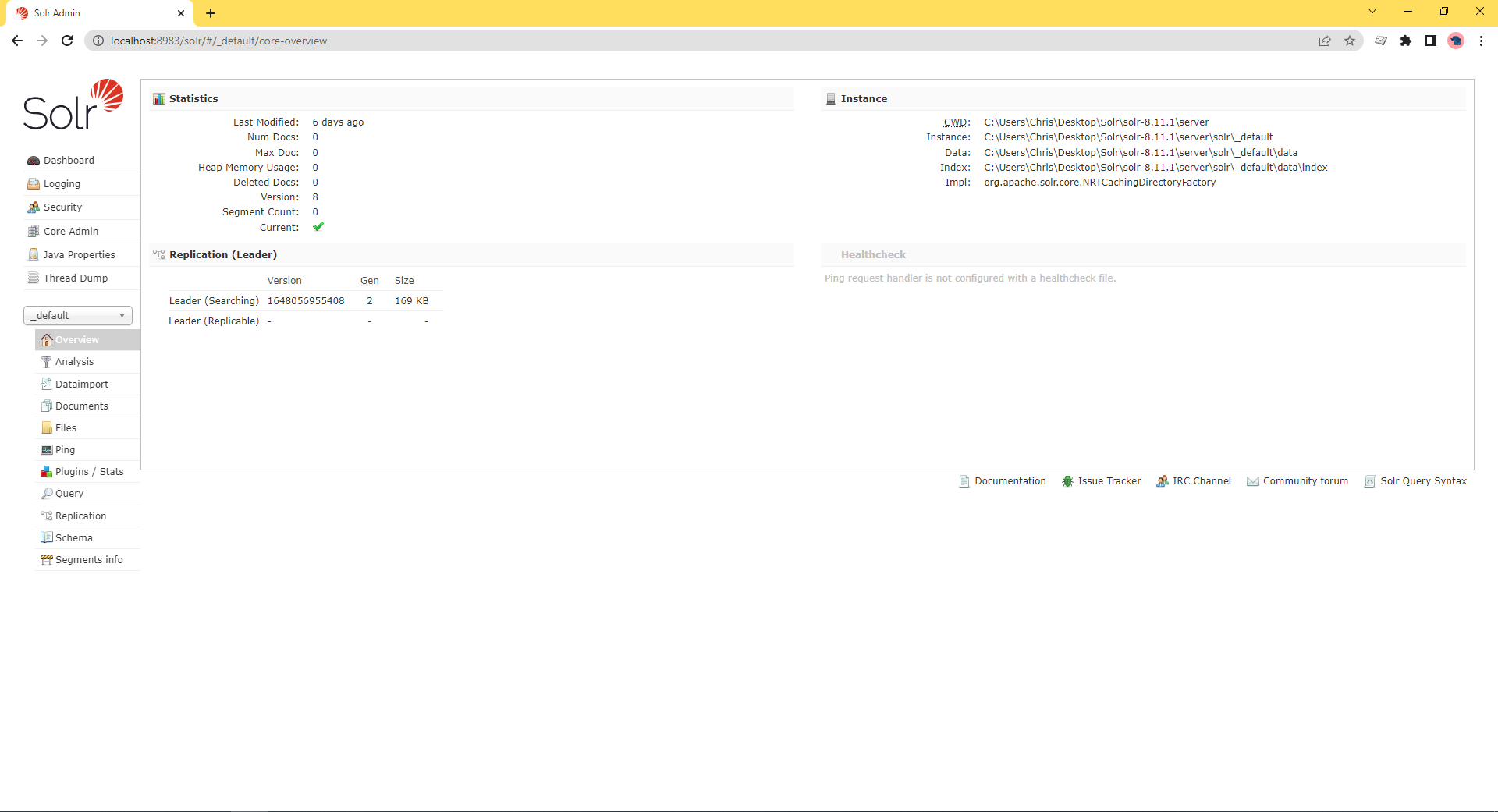 A screenshot showing the overview screen in Solr.