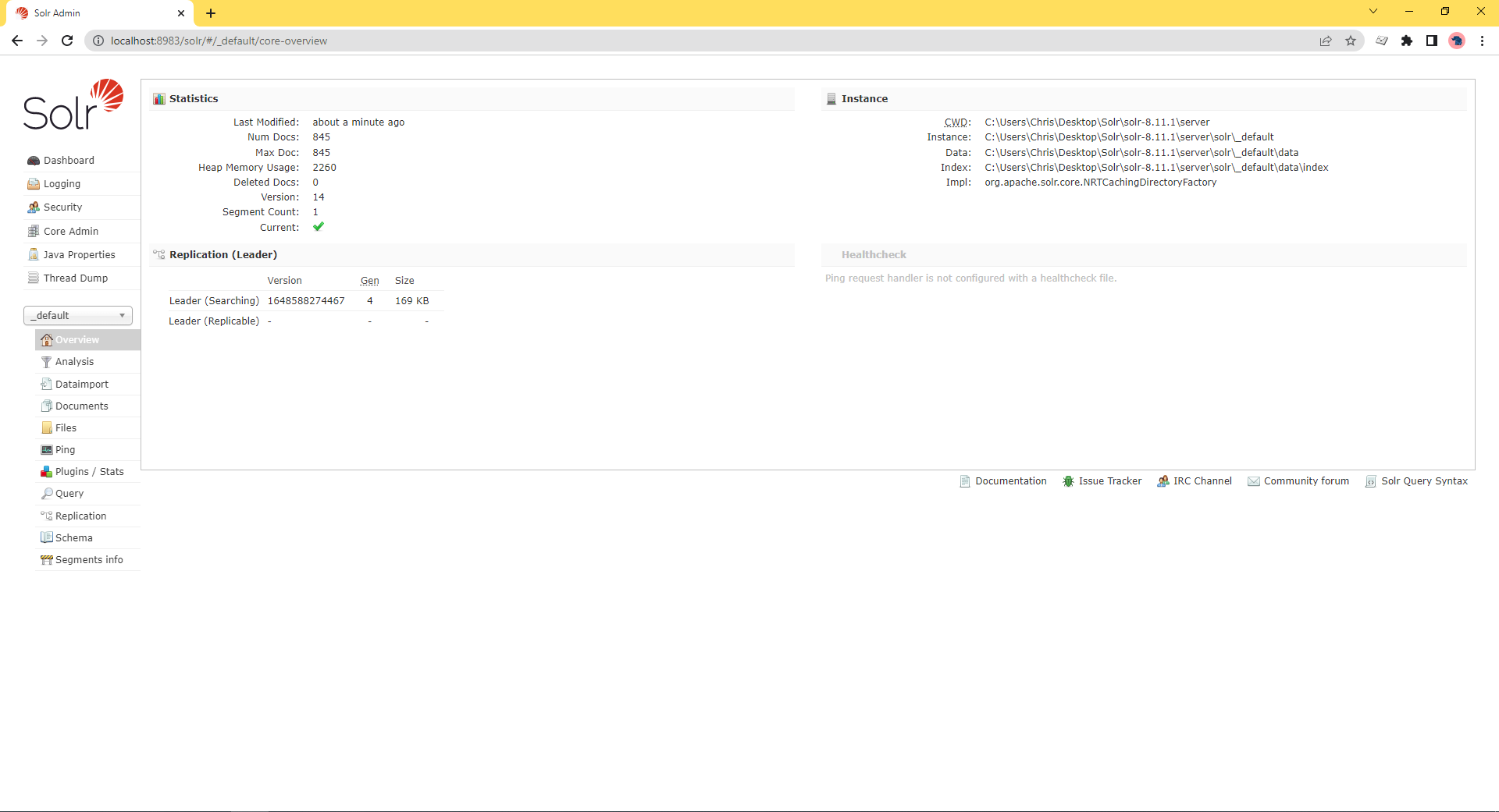 A screenshot showing data within the Solr dashboard.