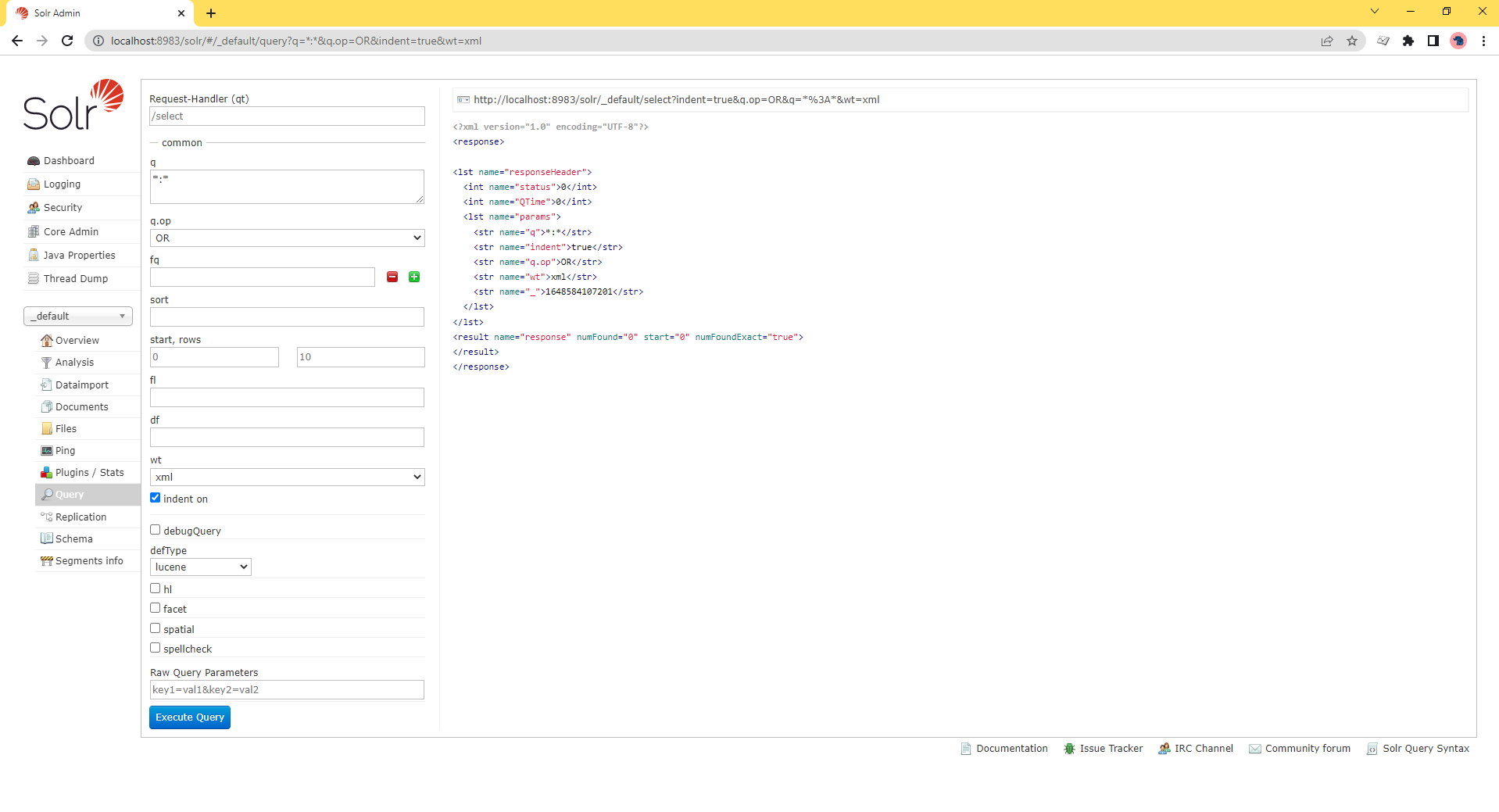 A screenshot showing a Solr "execute query" command.