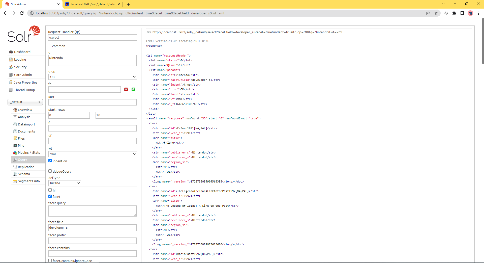 A screenshot showing how to set up facets in Solr.