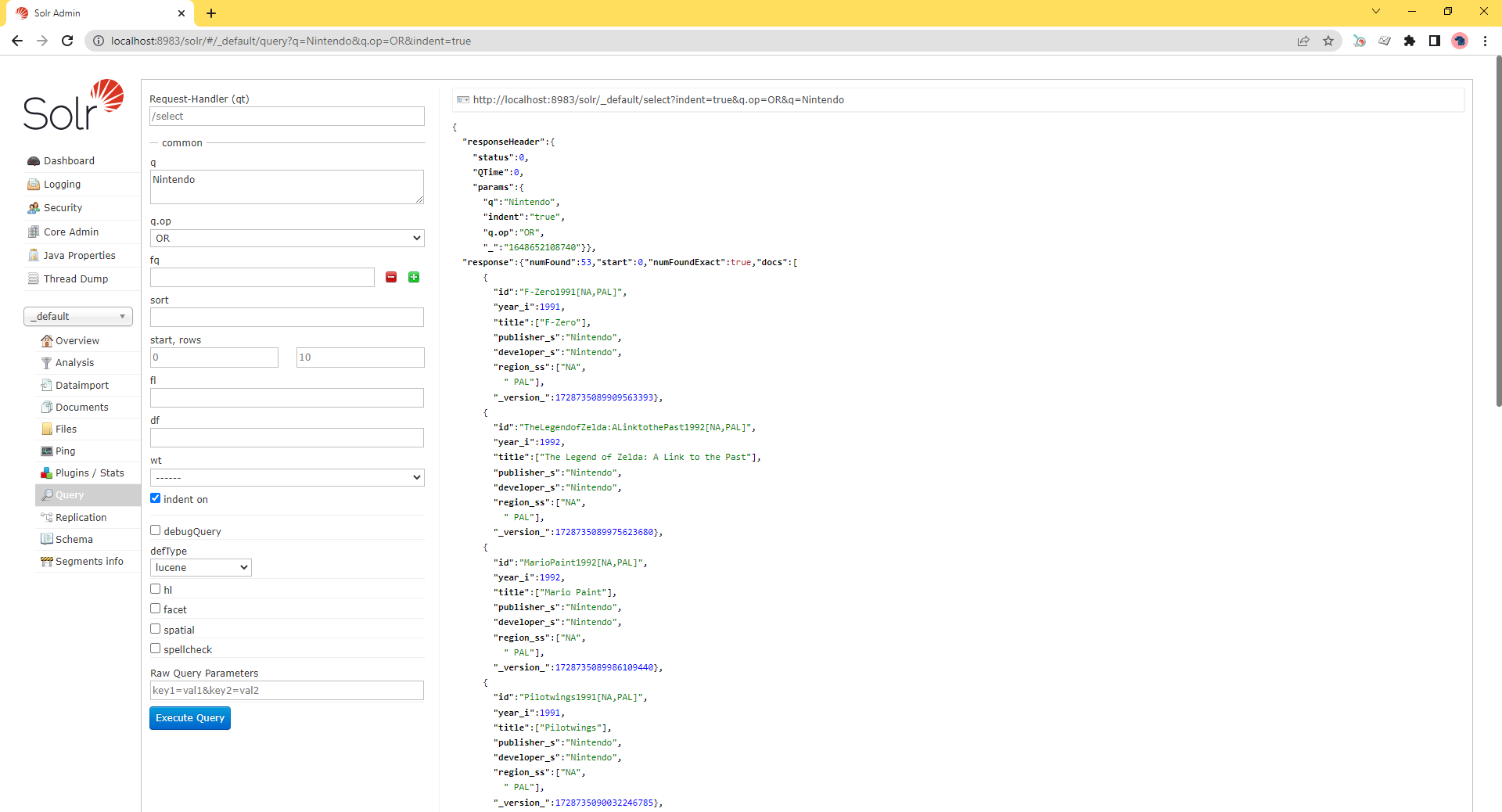 A screenshot of Solor with parameters set to search Nintendo games.