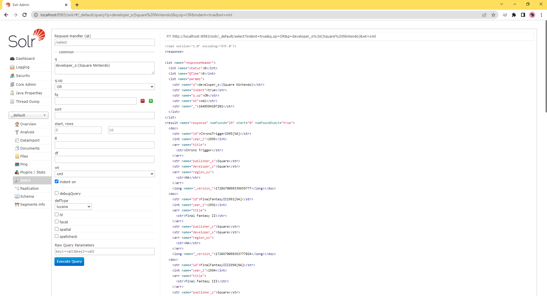 A screenshot of the Query tab in Solr.