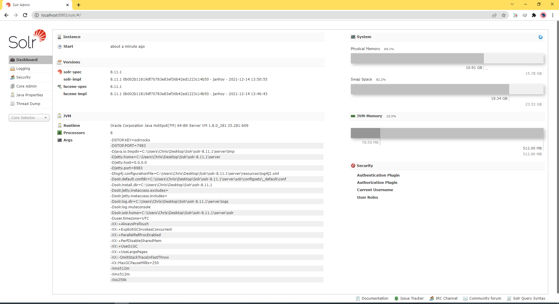 A screenshot showin the Solr dashboard.