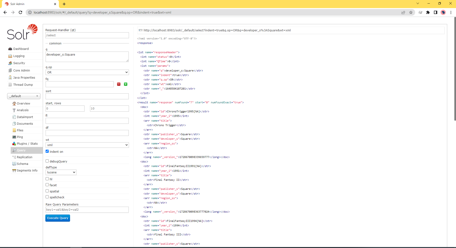 A screenshot from the Solr admin showing application of query parameters.