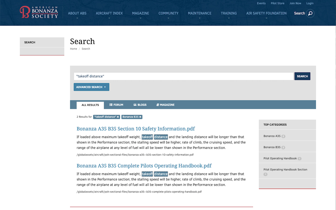 Screenshot of the American Bonanza Society search page with a search for "takeoff distance" at desktop width.