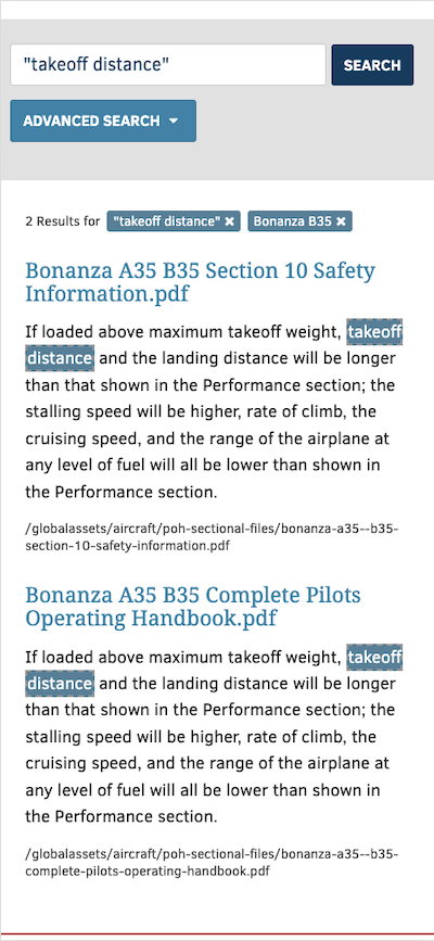 Screenshot of the American Bonanza Society search page with a search for "takeoff distance" at mobile width.