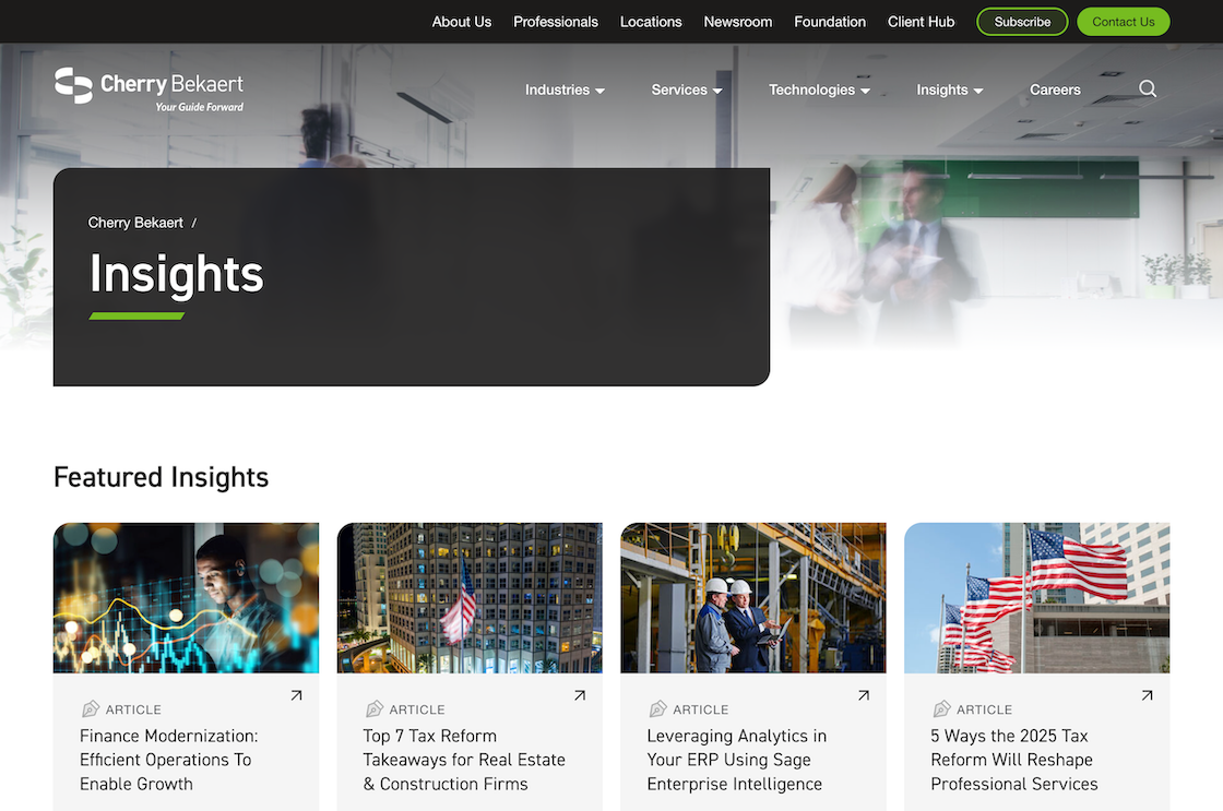 Screenshot of the Cherry Bekaert insights landing page at desktop width.