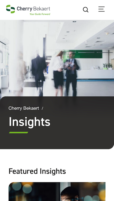 Screenshot of the Cherry Bekaert insights landing page at mobile width.