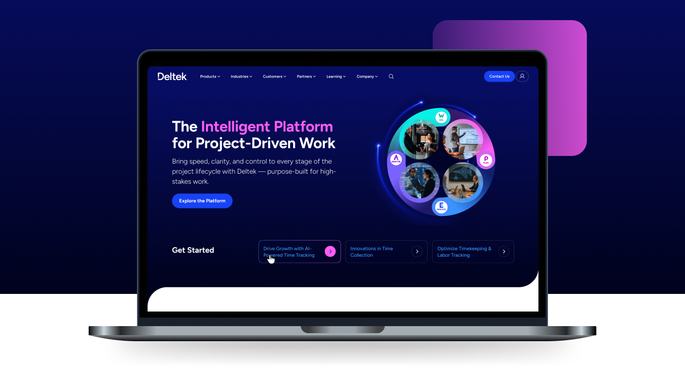Stylized screenshot of the Deltek home page.