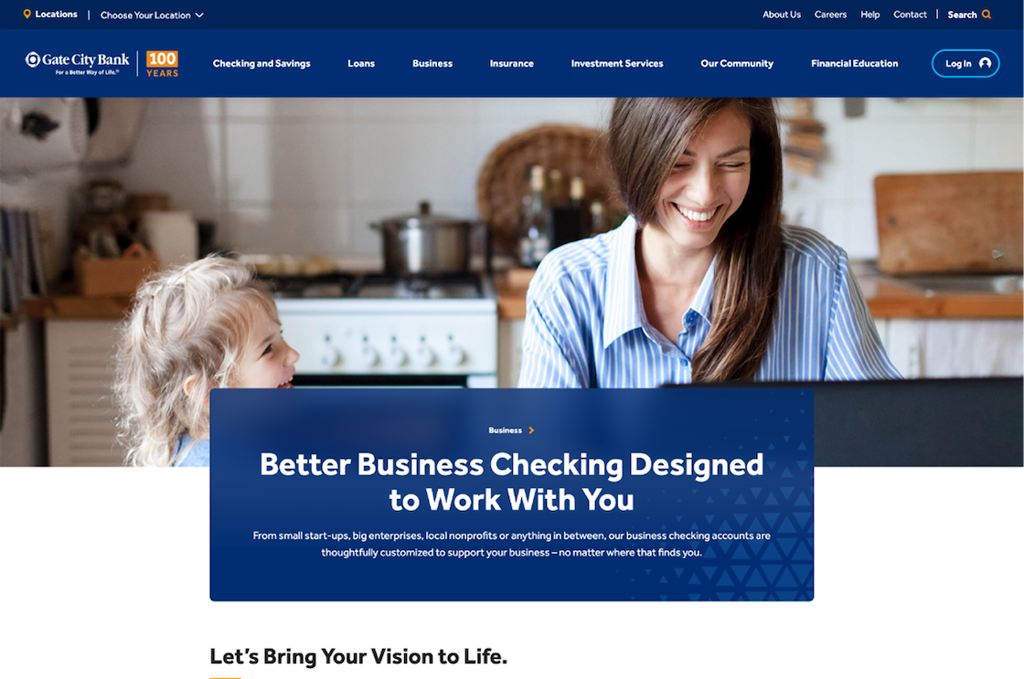 Screenshot of the Gate City Bank business page at desktop width.