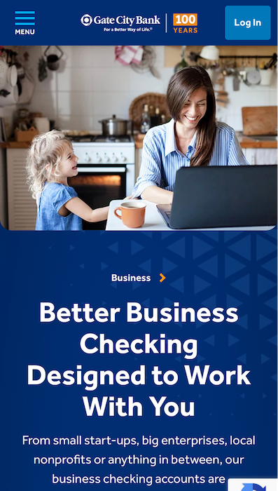 Screenshot of the Gate City Bank business page at mobile width.