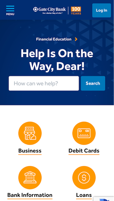 Screenshot of the Gate City Bank help page at mobile width.