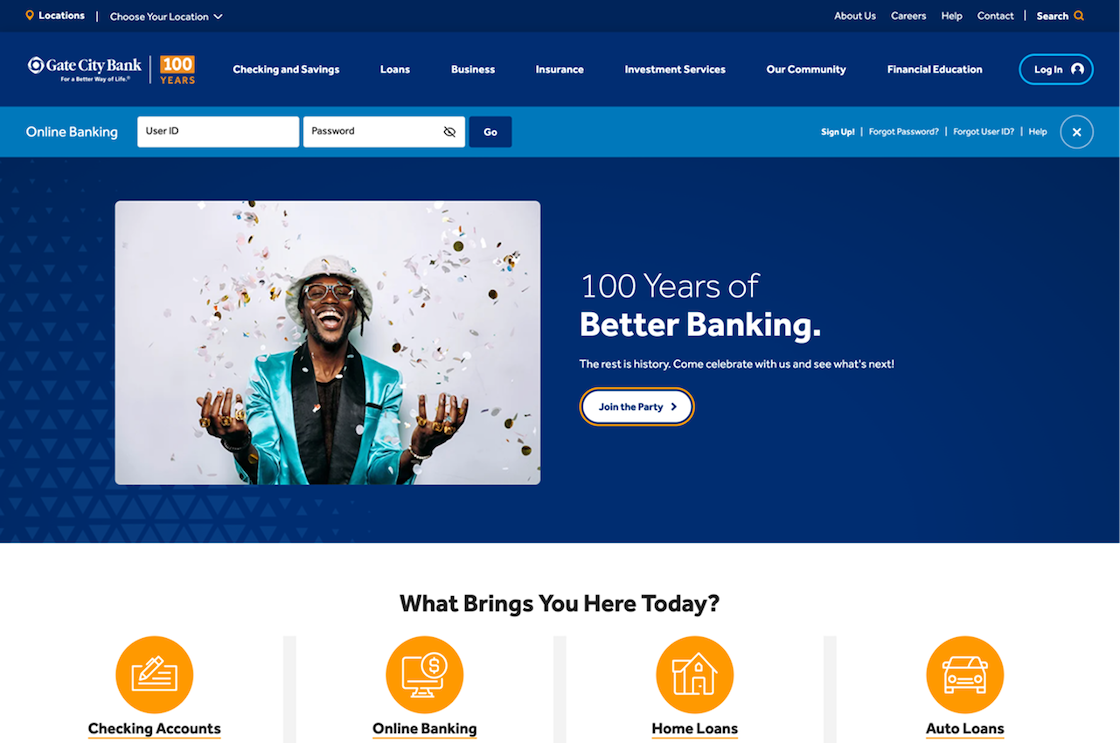 Screenshot of the Gate City Bank home page at desktop width.