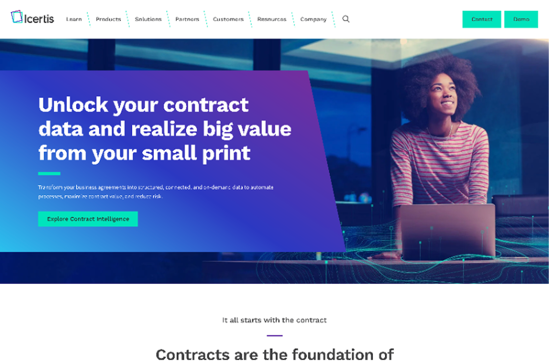 Screenshot of the Icertis home page at desktop width.