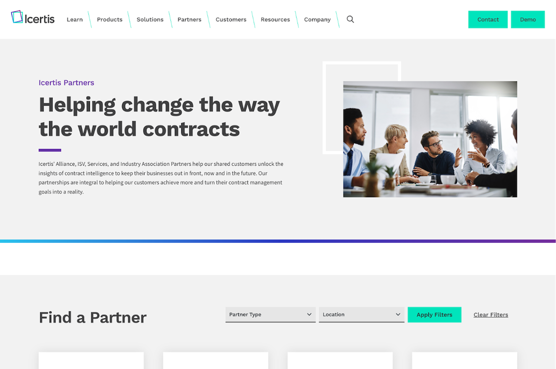 Screenshot of the Icertis partner page at desktop width.