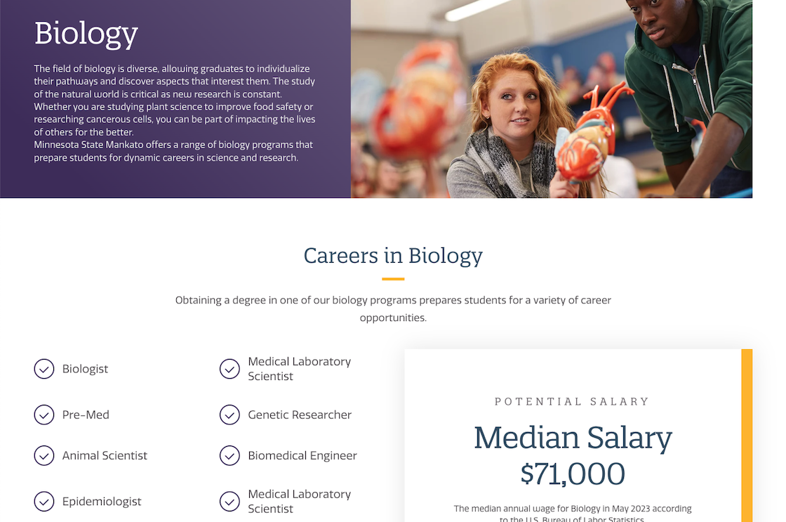Screenshot of the Minnesota State University Mankato biology page at desktop width.