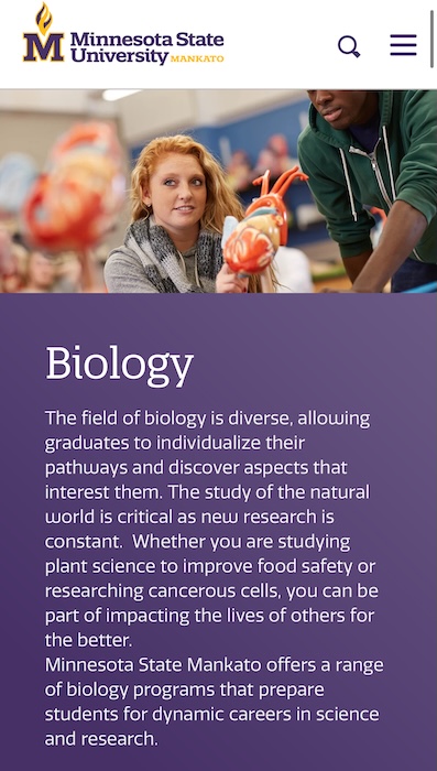 Screenshot of the Minnesota State University Mankato biology page at mobile width.