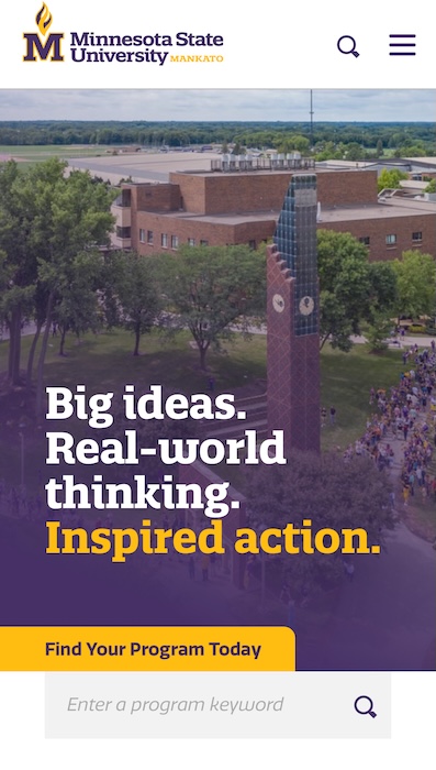 Screenshot of the Minnesota State University Mankato home page at mobile width.