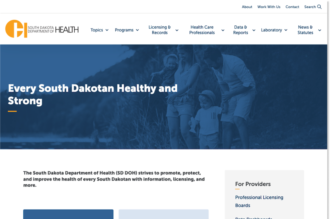 Screenshot of the South Dakota Department of Health home page at desktop width.
