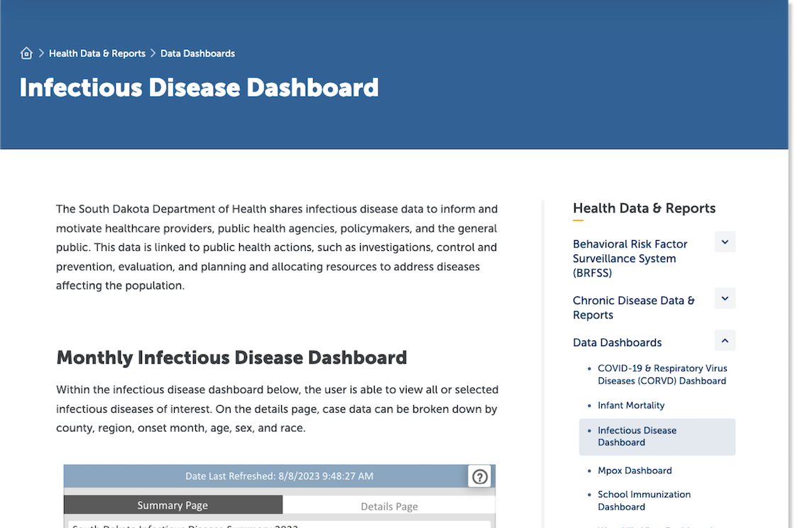 Screenshot of the South Dakota Department of Health infectious disease dashboard at desktop width.