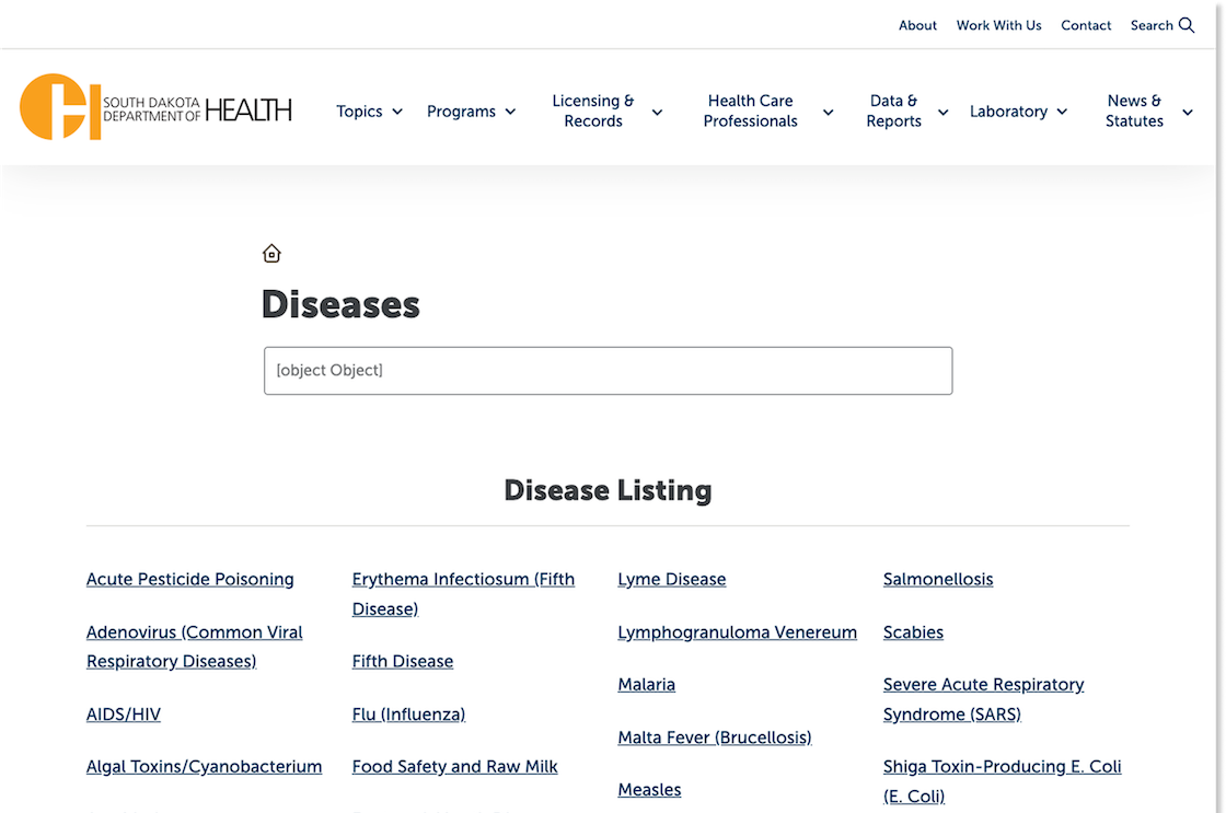 Screenshot of the South Dakota Department of Health disease listing at desktop width.