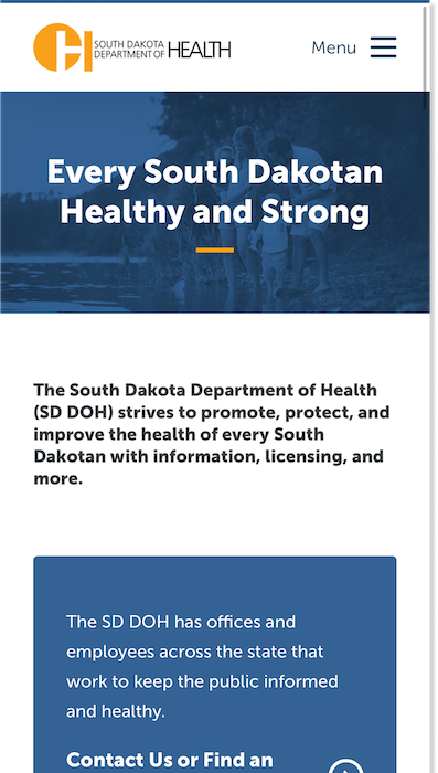 Screenshot of the South Dakota Department of Health home page at mobile width.