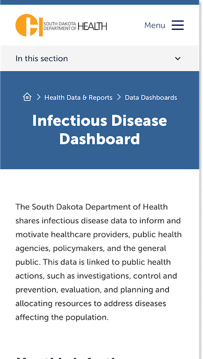 Screenshot of the South Dakota Department of Health Infectious Disease Dashboard page at mobile width.