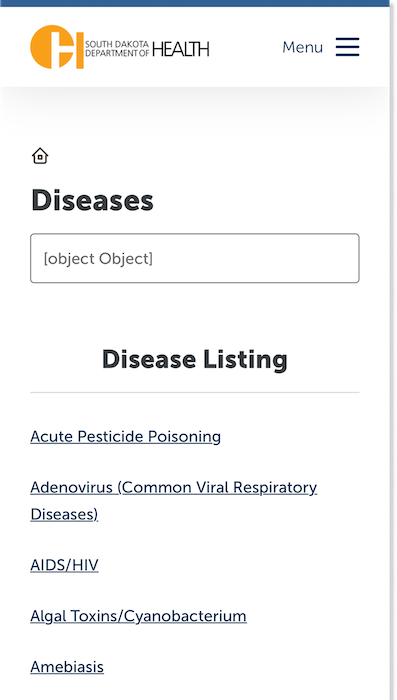 Screenshot of the South Dakota Department of Health Diseases page at mobile width.
