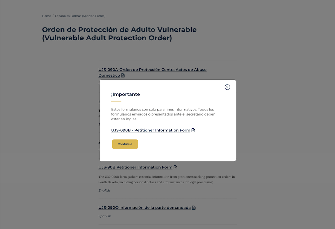 Screenshot of the South Dakota Unified Judicial System site showing a Spanish notification at desktop width.